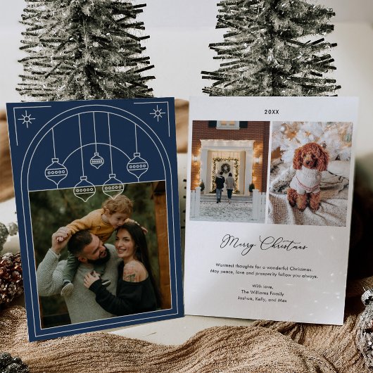 クリスマスアールデコラインアートブルーフォトホリデー 招待状