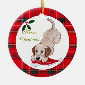 クリスマスイエローラブラドール子犬サンタハット セラミックオーナメント