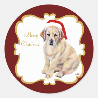クリスマスイエローラブラドール子犬 ラウンドシール
