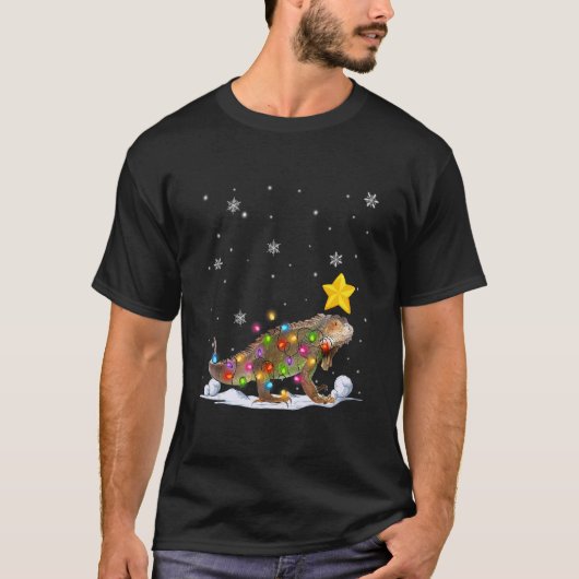 クリスマスイグアナ動物クリスマスツリーのライト Tシャツ (正面)