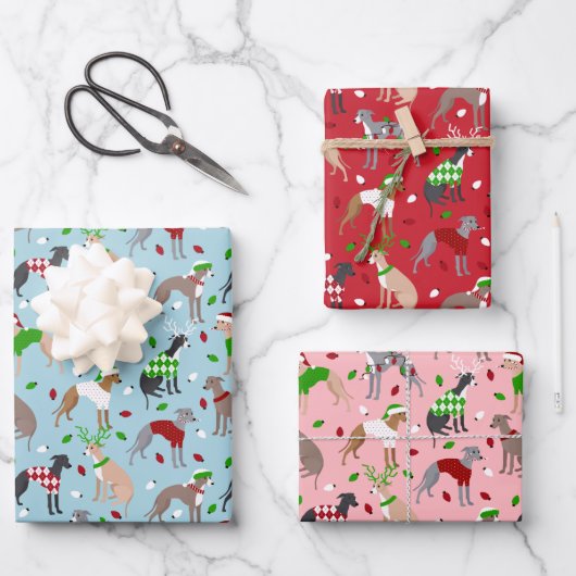 クリスマスイタリアングレイハウンド犬 ラッピングペーパーシート (正面)