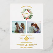 クリスマスイニシャルフローラ2写真コラージュファンシー 箔招待状 (正面)