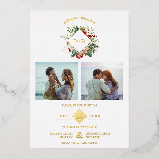 クリスマスイニシャルフローラ2写真コラージュファンシー 箔招待状