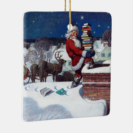 クリスマスイブに本を届けるサンタ セラミックオーナメント (右)