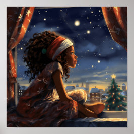 クリスマスイブに街を見る黒人女性 ポスター