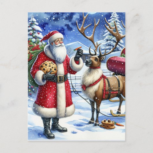 クリスマスイブのサンタとトナカイ シーズンポストカード (正面)