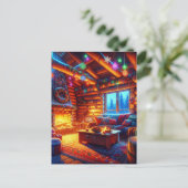 クリスマスイブのログキャビンと暖炉 ポストカード (スタンド正面)