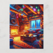 クリスマスイブのログキャビンと暖炉 ポストカード (正面)