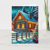 クリスマスイブのログキャビンパーソナライズされた カード (正面)