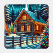 クリスマスイブのログキャビンパーソナライズされた メタルオーナメント (正面)