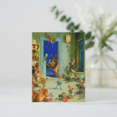 クリスマスイブの彼のワークショップでのサンタの小妖精や小人 シーズンポストカード (スタンド正面)