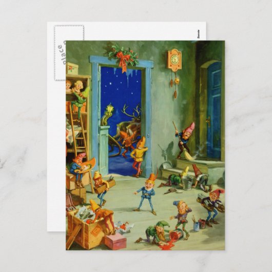 クリスマスイブの彼のワークショップでのサンタの小妖精や小人 シーズンポストカード (正面/裏面)