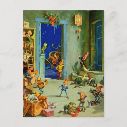 クリスマスイブの彼のワークショップでのサンタの小妖精や小人 シーズンポストカード (正面)