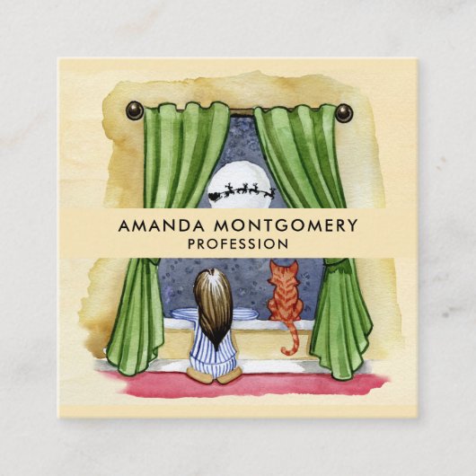 クリスマスイブウォーターカラーかわいい子&キティ猫 スクエア名刺 (正面)