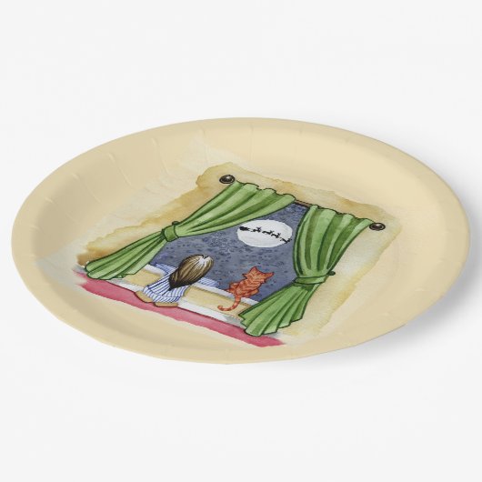 クリスマスイブウォーターカラーかわいい子&キティ猫 ペーパープレート (アングル)