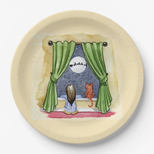 クリスマスイブウォーターカラーかわいい子&キティ猫 ペーパープレート (正面)