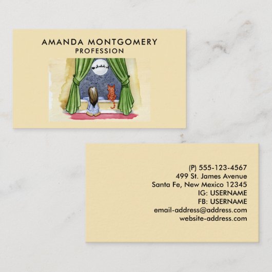 クリスマスイブウォーターカラーかわいい子&キティ猫 名刺 (正面/裏面)