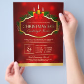 クリスマスイブキャンドルライト教会サービスレッド金ゴールド チラシ (手)
