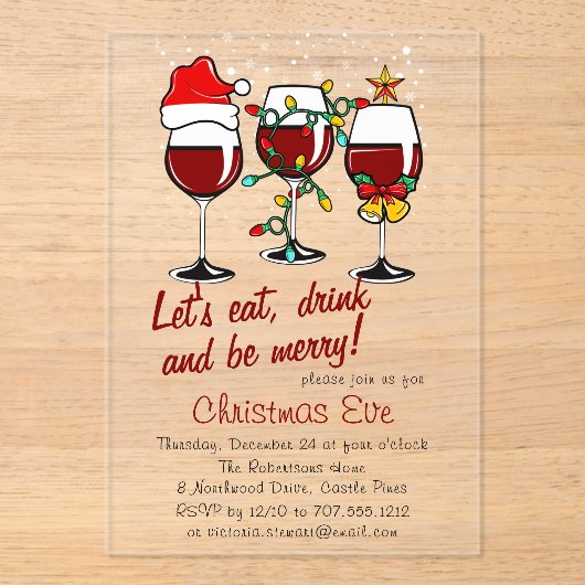 クリスマスイブディナーカクテルワイングラス アクリル招待状 (正面)