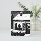 クリスマスイブハウスツリーインウィンドウブラック&ホワイト ポストカード (スタンド正面)