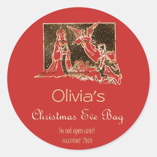 クリスマスイブバッグ出生レッドフェイク金ゴールド文字 ラウンドシール (正面)