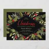 クリスマスイブパーティーウォーターカラーヴィンテージホリー 招待状 (正面/裏面)