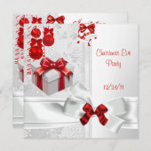 クリスマスイブパーティーエレガントレースホワイトレッドリボン 招待状 (正面/裏面)