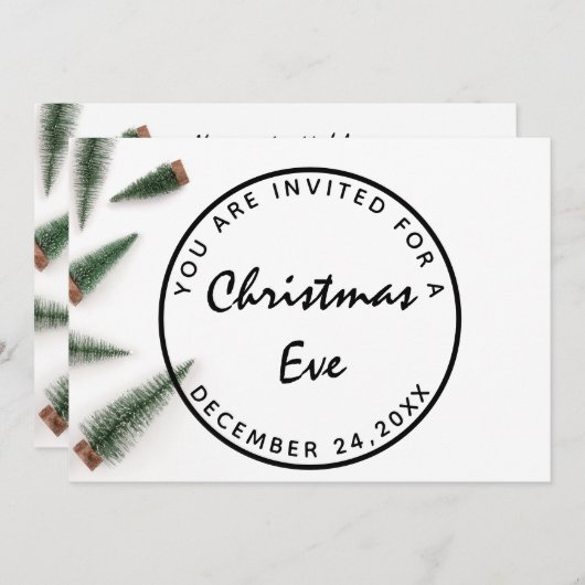 クリスマスイブホリデーディナーホワイトグリーンシンプル 招待状 (正面/裏面)