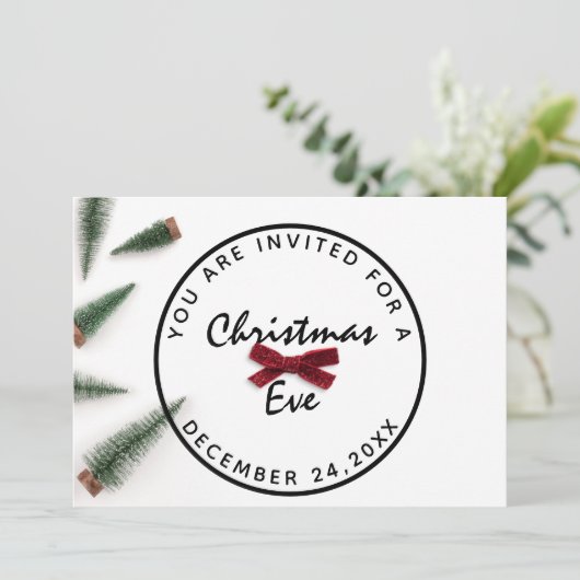 クリスマスイブホリデーディナーホワイトグリーンレッドボウ 招待状 (スタンド正面)