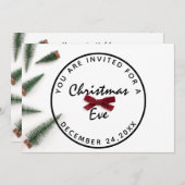 クリスマスイブホリデーディナーホワイトグリーンレッドボウ 招待状 (正面/裏面)
