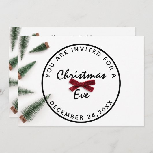 クリスマスイブホリデーディナーホワイトグリーンレッドボウ 招待状 (正面/裏面)