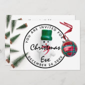 クリスマスイブホリデーディナーホワイトグリーン雪だるま 招待状 (正面/裏面)