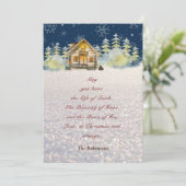クリスマスイブログキャビン緑の毛皮の木の雪片 シーズンカード (スタンド正面)