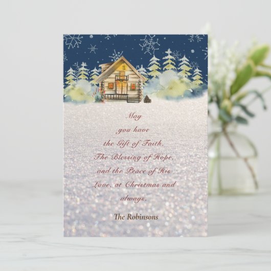 クリスマスイブログキャビン緑の毛皮の木の雪片 シーズンカード (スタンド正面)