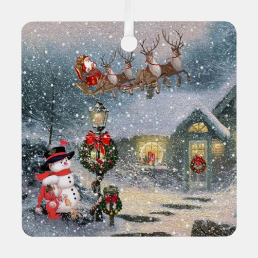 クリスマスイブ冬の雪サンタそりの年 メタルオーナメント (正面)