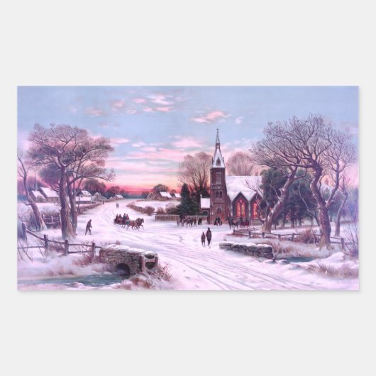 クリスマスイブ朝の教会サービス 長方形シール (正面)