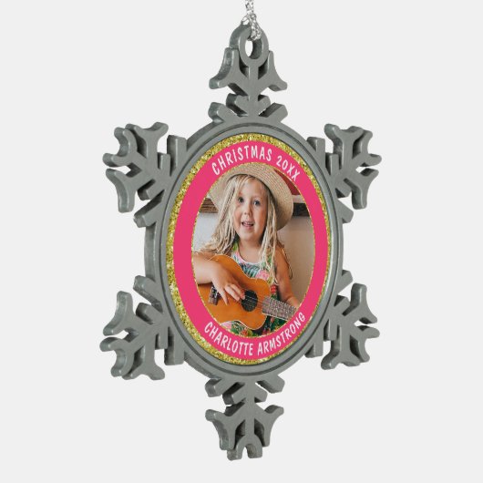 クリスマスイヤーあなたの写真ゴールデングリッター スノーフレークピューターオーナメント (左)