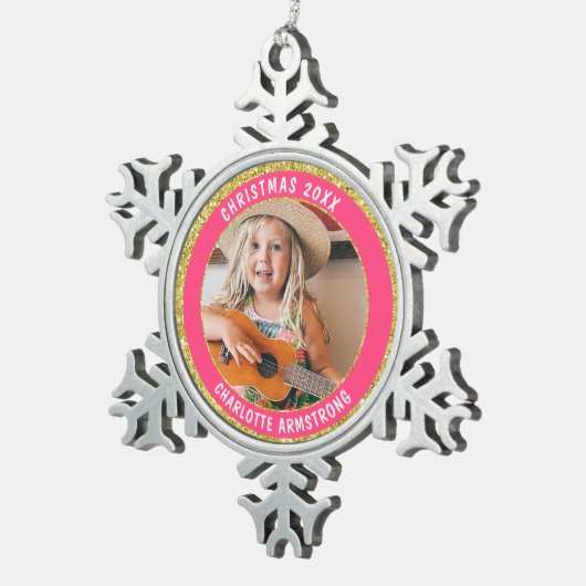 クリスマスイヤーあなたの写真ゴールデングリッター スノーフレークピューターオーナメント (右)