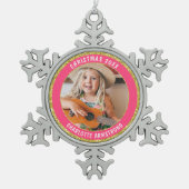 クリスマスイヤーあなたの写真ゴールデングリッター スノーフレークピューターオーナメント (正面)