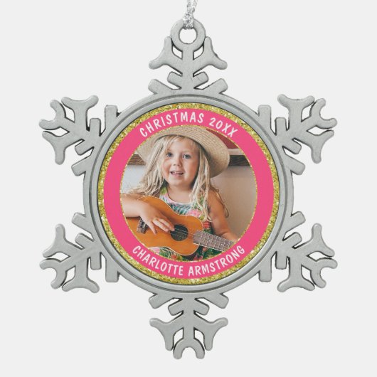 クリスマスイヤーあなたの写真ゴールデングリッター スノーフレークピューターオーナメント (正面)