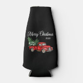 クリスマスイヤー水彩ヴィンテージレッドトラックブラック ボトルクーラー (正面)