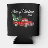 クリスマスイヤー水彩ヴィンテージレッドトラックブラック 缶クーラー (正面)