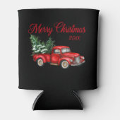 クリスマスイヤー水彩ヴィンテージレッドトラックブラック 缶クーラー (正面)