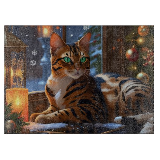 クリスマスイルミネーションとベンガル猫 ホリデーグッズ カッティングボード (正面)
