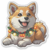 クリスマスイルミネーションに包まれたいたずら秋田犬 シール (正面)