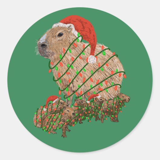 クリスマスイルミネーションに包まれたカピバラの家族 ラウンドシール (正面)