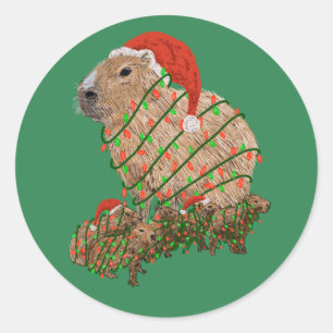 クリスマスイルミネーションに包まれたカピバラの家族 ラウンドシール