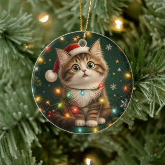 クリスマスイルミネーションに包まれた猫のオーナメント セラミックオーナメント