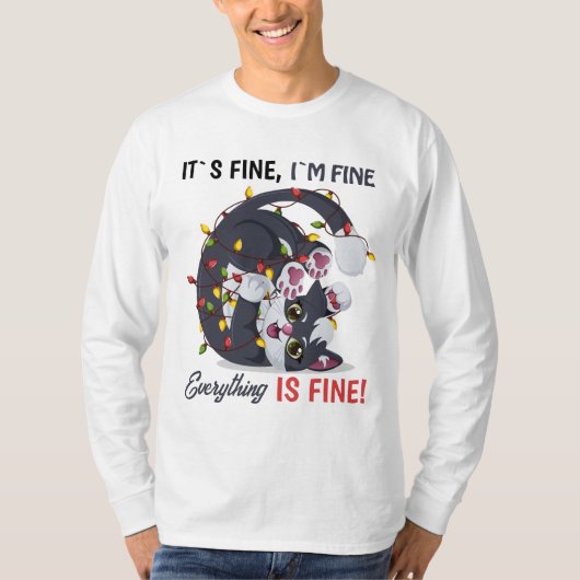 クリスマスイルミネーションに絡まるネコのイラスト メッセージは"大丈夫" Tシャツ (正面)