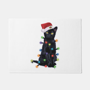 クリスマスイルミネーションの黒いサンタ猫 ドアマット